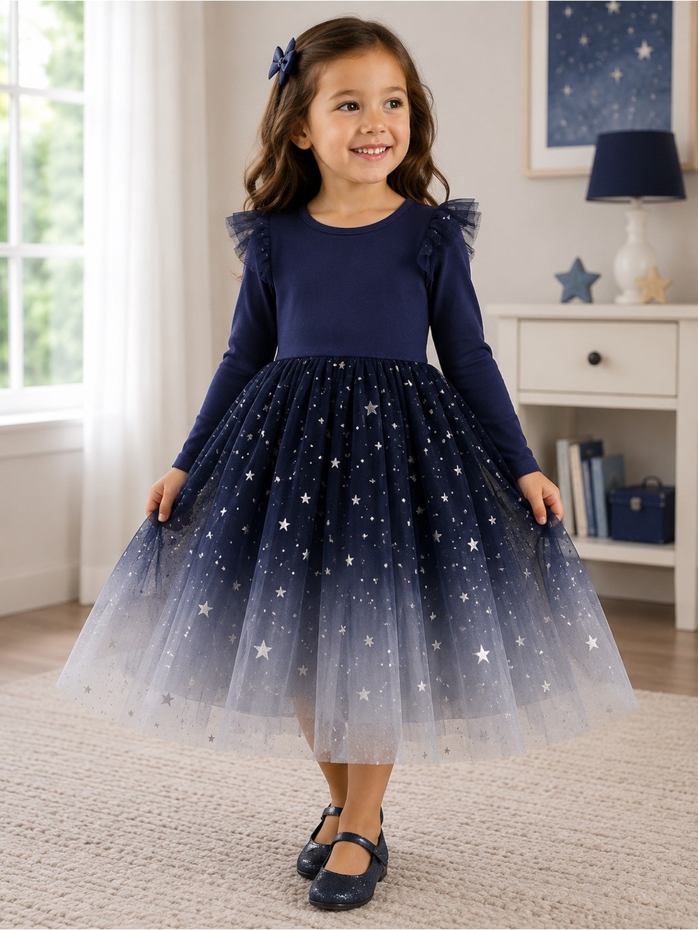 Source Unknown Navy Blue Star Tulle Dress for Girls